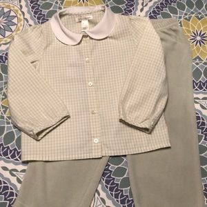 Two Piece Pale Sage Gingham Blouse & Velour Pants